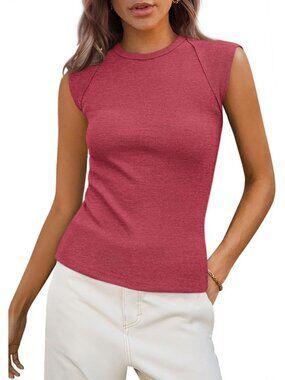 Women's Red Polyester Blend Cap Sleeve Slim Fitted Basic Casual Tank Top